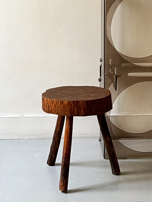 Brutalist wooden stool, France circa 1950/60