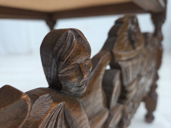 Image 1 of Jaren 30, Deense fauteuil met hoge rugleuning, meubelstof, velours, handgesneden eikenhout.