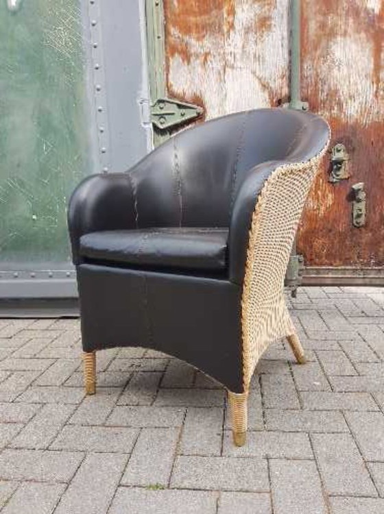 Image 1 of 1x poltrona LlOYD LOOM Ambienz Club in pelle marrone scuro + rattan