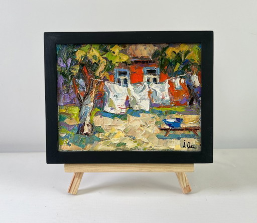 Original Oil Painting Summer Village Landscape Clothes are drying