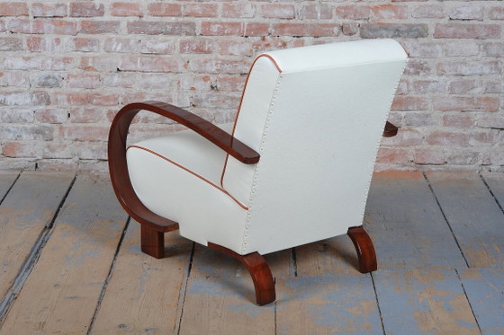 Gerestaureerde art-deco fauteuil, walnoothout, leer, gerestaureerde Poolse afwerking, Tsjechisch, jaren 1930 (photo 8 of 12)