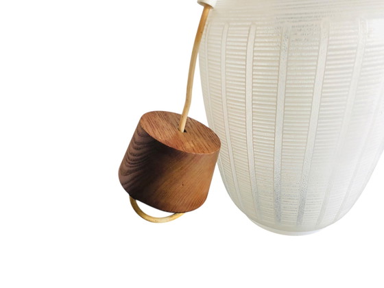 Image 1 of Vintage retro hanglamp van glas en teak hout jaren 60 design 