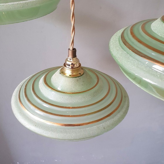 Set of 3 Antique Pendant Lights of Opaline Glass in Green, with Crushed Glass and Gold Decoration (photo 13 of 20)