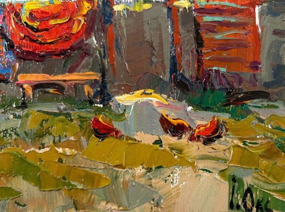 Image 1 of Peinture à l'huile originale, paysage de village d'été. Le soir est arrivé.