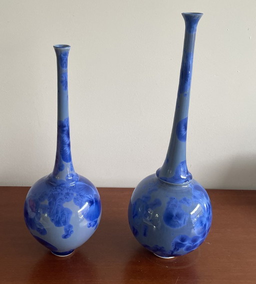 Willy Van Bussel - Two Porcelain Bottle Vases in Blue Crystalline Glaze