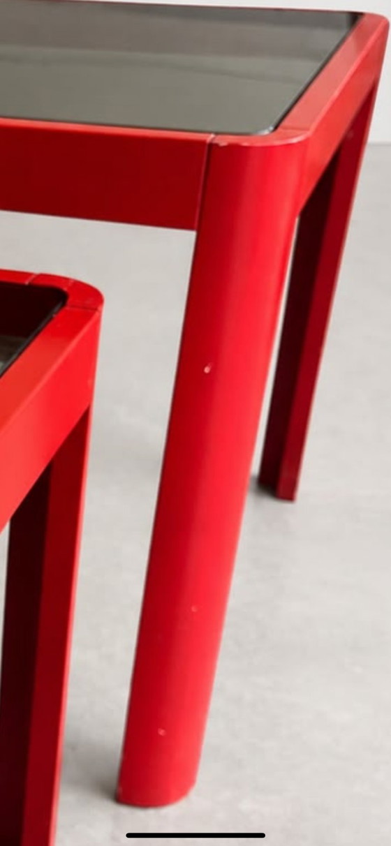 1970's Italian Porada style Nesting Tables Red Lacquered Ash & Smoked Glass, Side tables, Wood (photo 5 of 5)