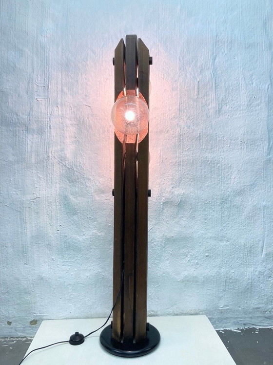 Image 1 of Stehleuchte von Temde aus Holz und Glas dreiflammig 70er brutalistischer Stil