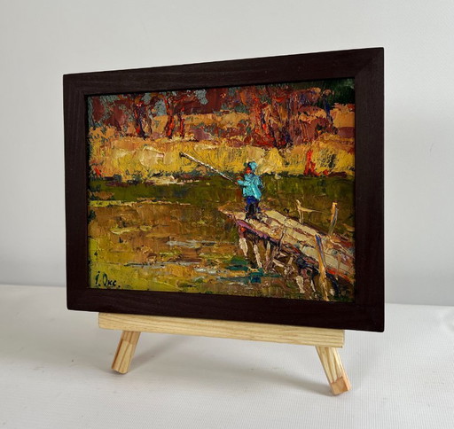 Original Oil Painting Autumn River Landscape The Lonely Fisherman