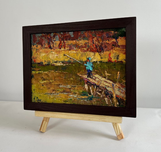 Image 1 of Original Oil Painting Autumn River Landscape The Lonely Fisherman