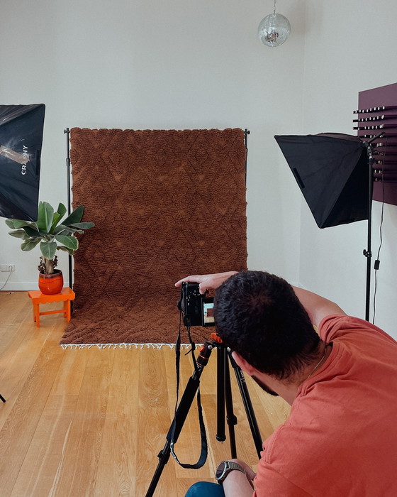 Image 1 of Handwoven Brown Wool Rug With Checkered Pattern - High Pile & 100% Wool From Tunisia