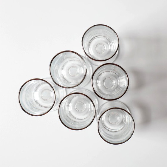 Image 1 of Set van 6 vintage Italiaanse heldere wijnglazen met zilveren rand, mid-century stijl / jaren 1950