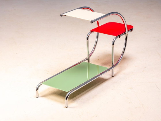Bauhaus Tubular Steel Flower Stand by Emile Guyot for Thonet, Colored Glass Shelves, 1950s, Czechoslovakia, (photo 9 of 10)