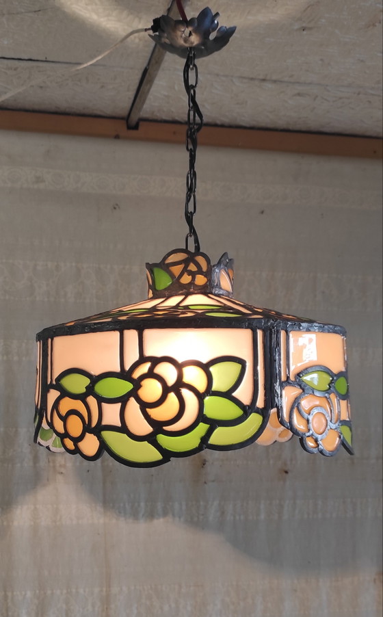 Image 1 of Hanglamp van glas en lood in Tiffany-stijl - midden 20e eeuw