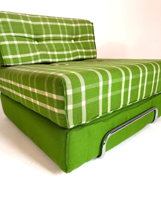 Set of 2 vintage convertible armchairs, Germany '80s, Chrome, Textile, Green (photo 9 of 14)