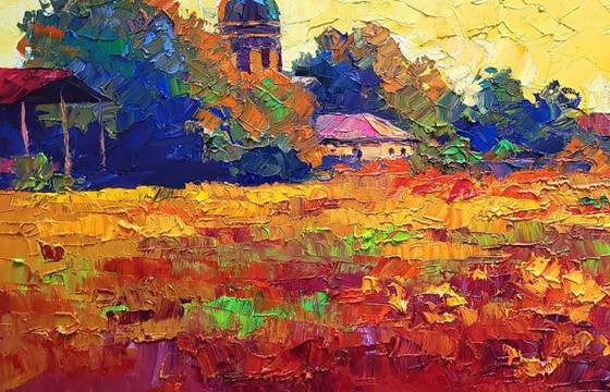 Original Oil Painting Rural Landscape Meadow Church Sunset Over The Village – Paintings & Drawings, Canvas (photo 6 of 7)