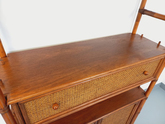 Image 1 of Large Vintage Rattan, Wood and Cane Bookcase from the 70s