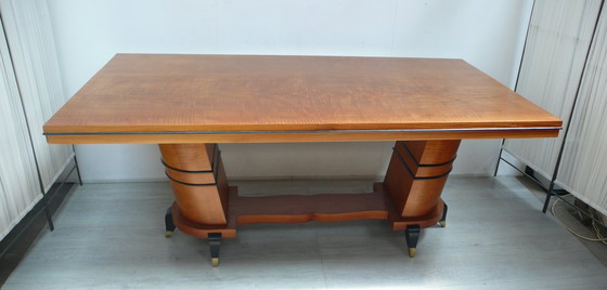 Image 1 of Grande table de salle à manger table de conférence Art Déco en placage de noyer + merisier, demi-colonnes inclinées, France vers