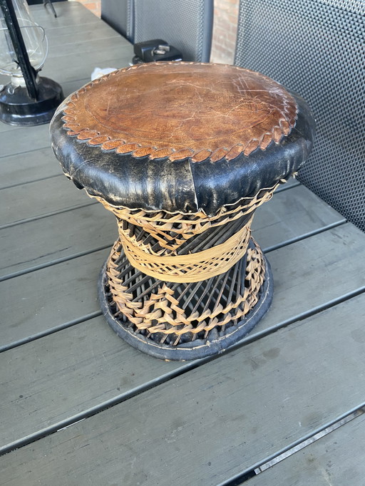 Vintage Indian Drum Wicker Leather Ottoman Drumkrukje