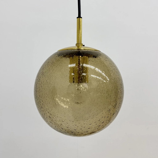 Limburg Glashütte messing rookglas bol hanglamp, jaren 70