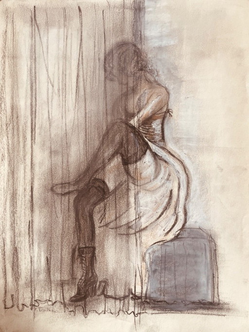 Signed charcoal and white pastel painting, female portrait "fitting"