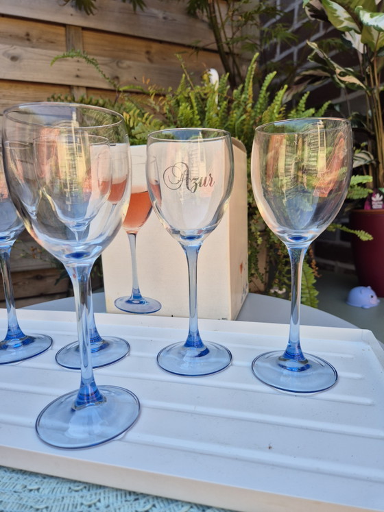 Vintage Luminarc Red Wine Glasses Set of 5 – Original Box – French Glassware (Blue Stem) – Glass & Decanter (photo 6 of 15)