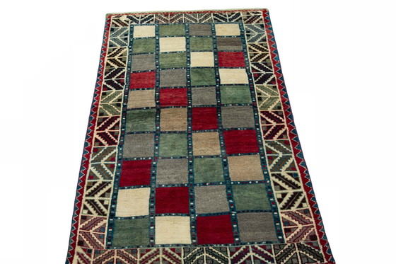 Image 1 of Handgeknüpfter Gabbeh Nomadenteppich – 183 x 107 cm – Farbige Karos & Tribal-Bordüre