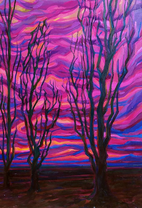 Peinture à l'Huile Originale Expressionnisme Paysage Lueur du Coucher de Soleil – Peintures et dessins, Canvas (photo 5 of 5)