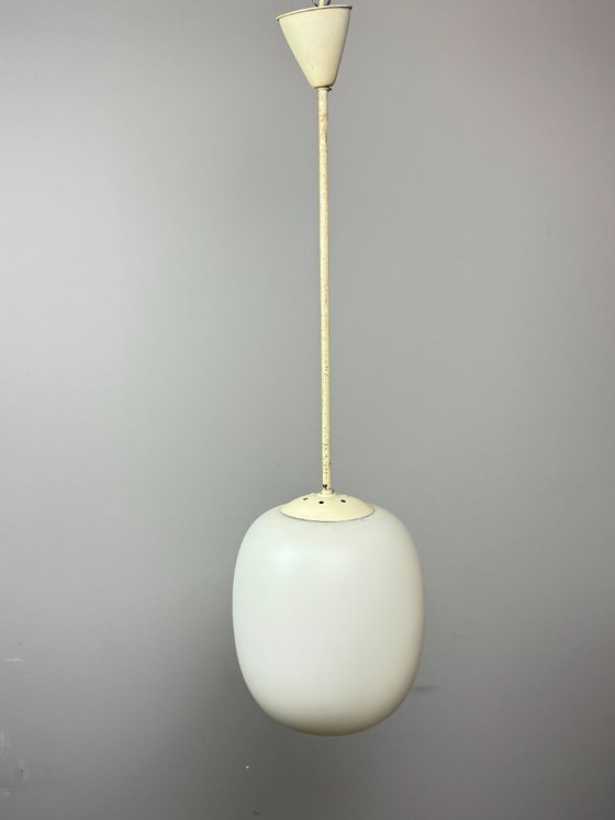 Tall Mid-Century Design Philips Industrial Pendant with Big White Oval Frosted Glass Ball, Netherlands, (photo 11 of 11)