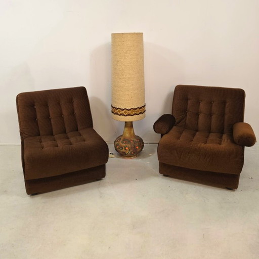 Lounge fauteuils modulair jaren 70 bruine rib set van twee