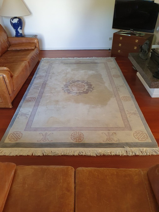 Vintage Chinesischer/Orientalischer Teppich 190cm x 290cm, beige und cremefarbener chinesischer Art-Deco-Teppich, schlichtes Des