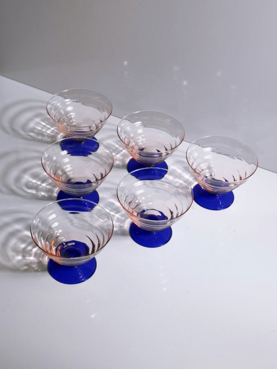 Image 1 of Art Deco Bowl Set Dessert Bowl Italy Empoli 1930s 1940s Cobalt Blue Rosalin Ice Cream Cup Glass Vintage 1980s