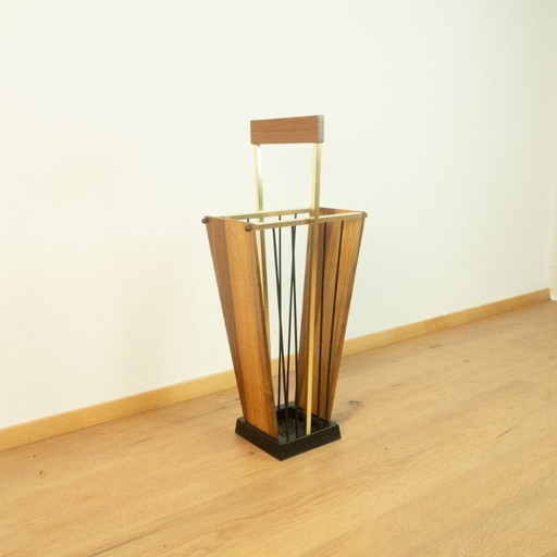 Porte-parapluies, fonte, laiton, noyer, années 1960