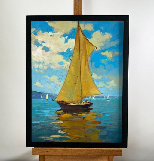 Original Oil Painting Summer Sea Landscape Towards the wind