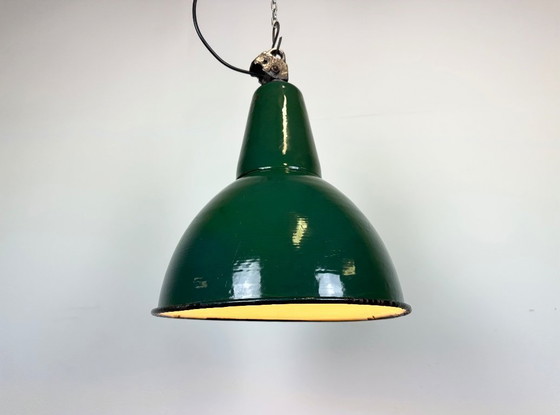 Image 1 of Industrial Green Enamel Factory Lamp with Cast Iron Top, 1960s