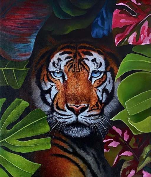 Original Oil Painting Portrait Animal Tiger in the Bushes – schilderijen tekeningen, Canvas
