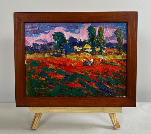 Original Oil Painting Summer Evening Landscape Buckwheat stubble