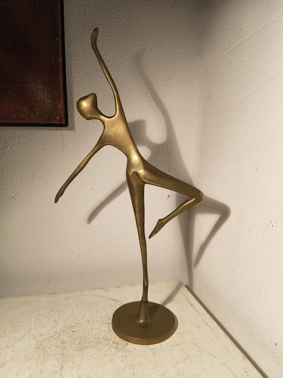 Image 1 of Vintage design modernist stylized brass sculpture of a ballerina dancer