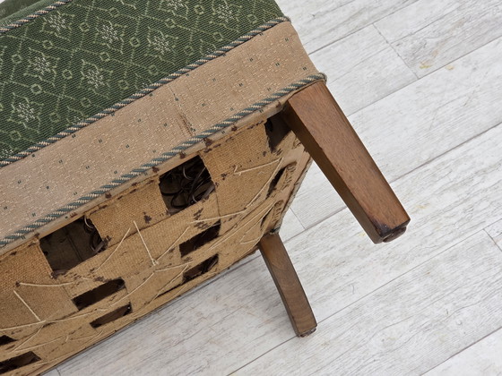 Image 1 of Años 50, sofá danés de 3 plazas, tejido de lana de mobiliario verde/beige, madera de roble.