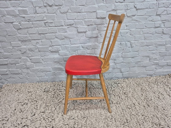 Image 1 of Vintage Design Set of Four Spindle-Back Kitchen Chairs – Beech Wood with Red Leatherette Upholstery, Northern Europe, 1960s