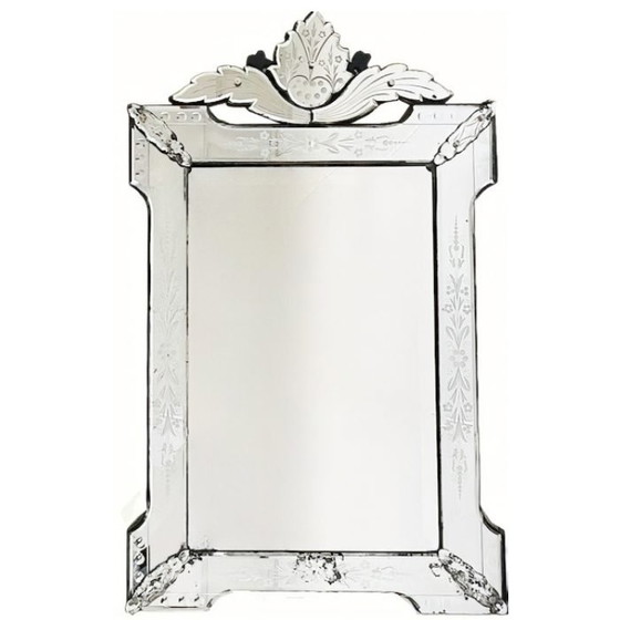 Image 1 of Miroir vénitien ancien, verre gravé, motif floral, années 1900