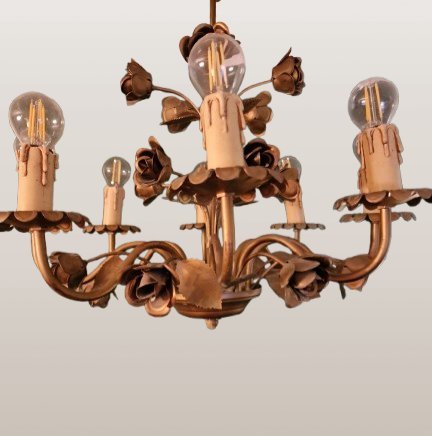 vintage Hans Kögl-stijl kroonluchter met rozen- en bladmotieven florentijns