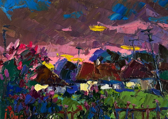 Image 1 of Original Oil Painting Evening Village Landscape The beam fades leaving the world