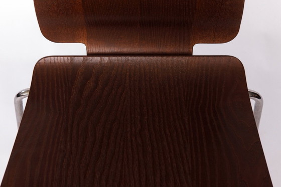 Image 1 of IKEA Gilbert stoel – vintage stapelbare eetkamerstoel uit de jaren 90, zitting van teakhout met chromen poten, set van 3 beschik