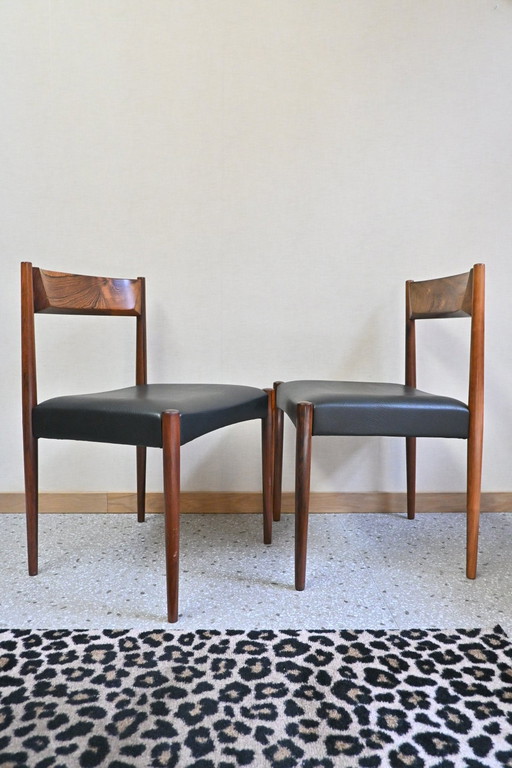 6 Stühle - Dänisches Design - Rosenholz mit schwarzer Lederpolsterung