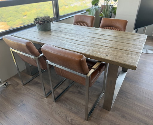 Tavolo da pranzo Rofra Avignon + 4 sedie in pelle Rio Grande | Rovere riciclato e acciaio inox spazzolato (photo 2 of 10)