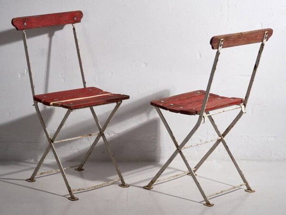 Antique red garden folding chairs (c.1920). Set of 4 pieces – Garden chairs, Wood, Iron (photo 29 of 40)