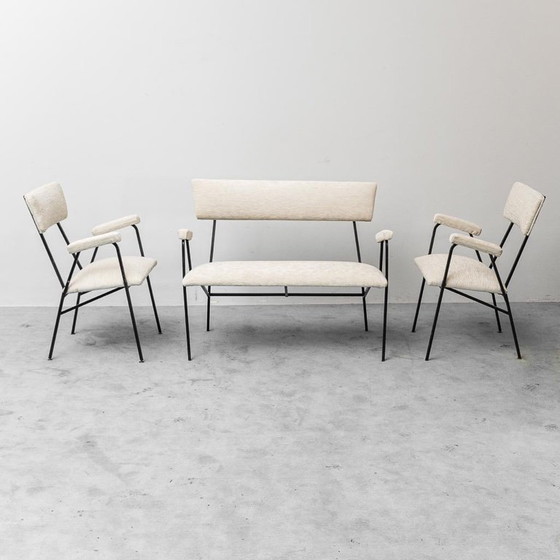 Image 1 of  SALOTTINO VINTAGE CON DIVANETTO E POLTRONE IN METALLO E TESSUTO ANNI ’70 MODERNARIATO