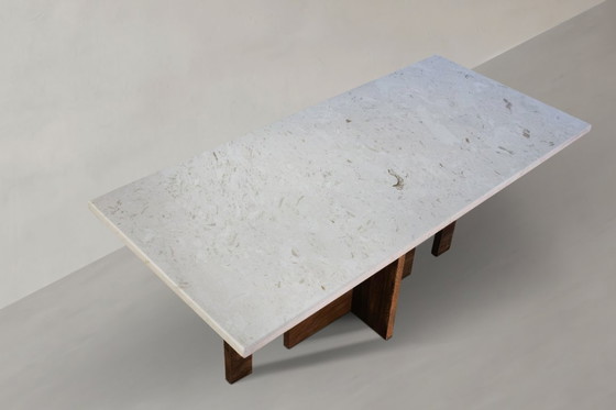 Image 1 of Mesa de centro Recta Crema Perla de piedra natural y madera maciza de roble
