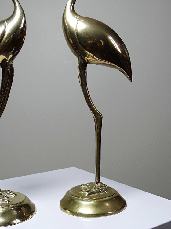 Image 1 of Paire de grands sujets Grues, Oiseaux en laiton décoratif Mid-Century vintages