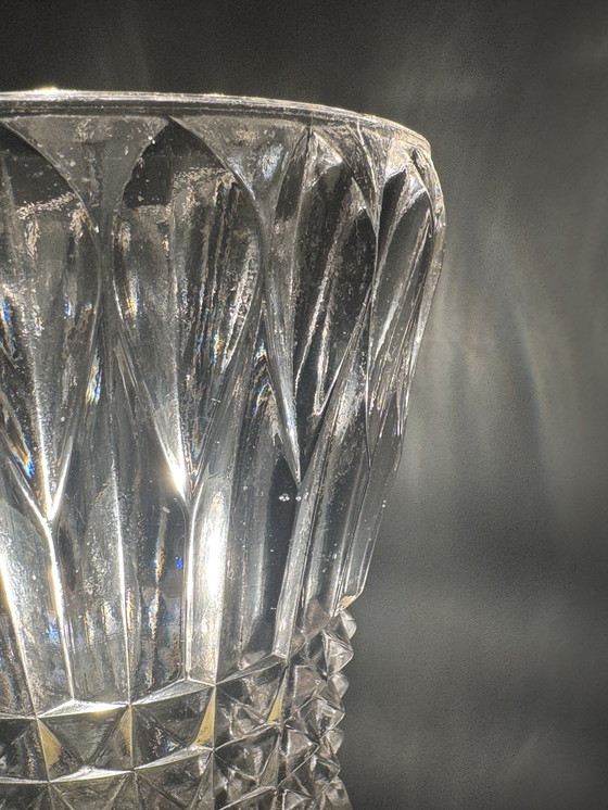 Image 1 of Mid-Century Table Lamp with Cut Glass Shade and Wooden Base – Vintage Design Lighting